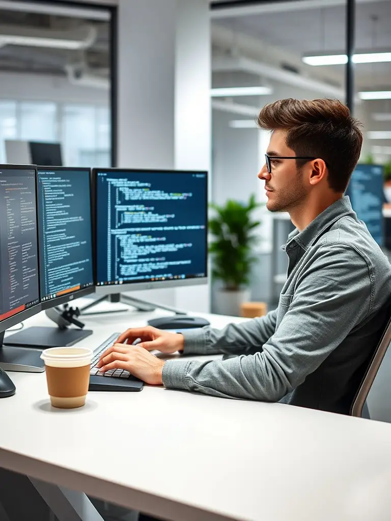 A .NET programmer is working efficiently at their desk, focused on delivering high-quality code. The image should convey productivity and dedication.