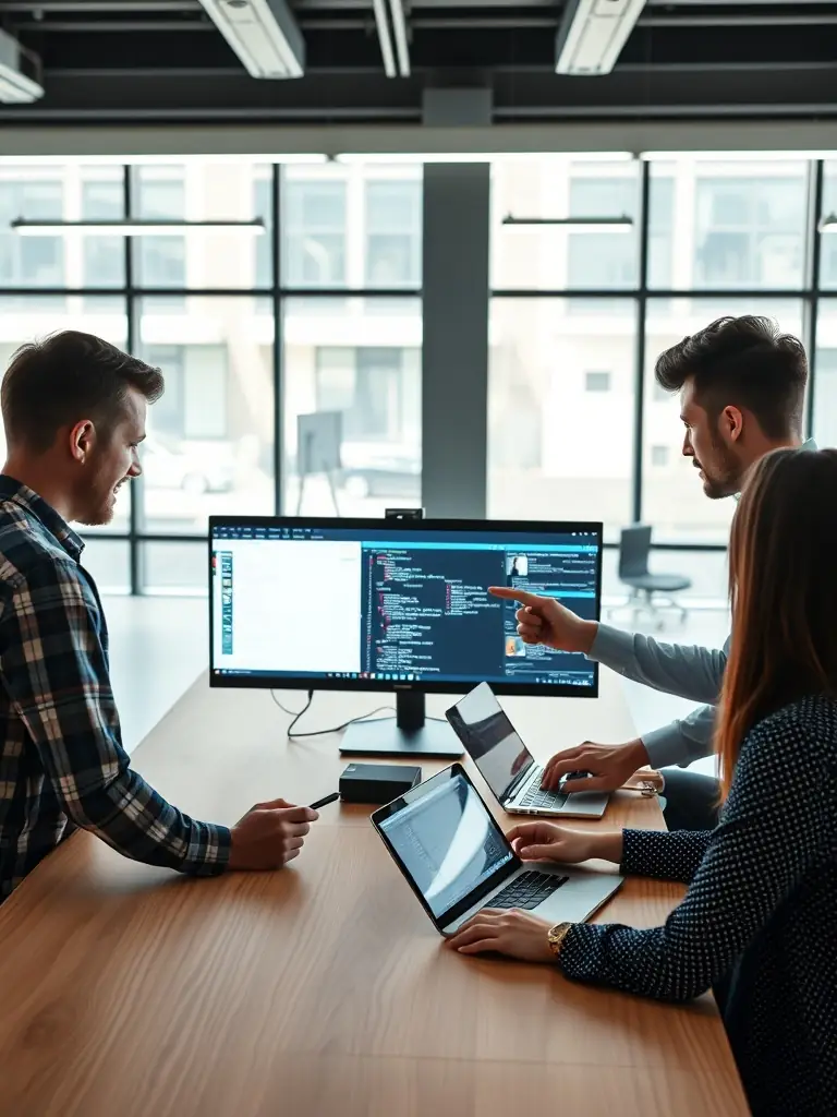 A diverse group of .NET developers are collaborating on a complex coding problem, showcasing their technical skills and problem-solving abilities. The image should highlight technical proficiency.